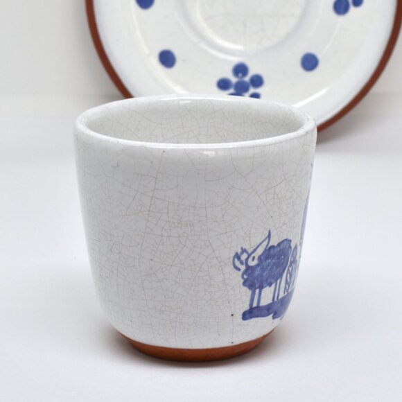 Hand Painted Terracotta Demitasse Cup / Saucer, Blue & White, Portugal, 1972 - Picture 6 of 11